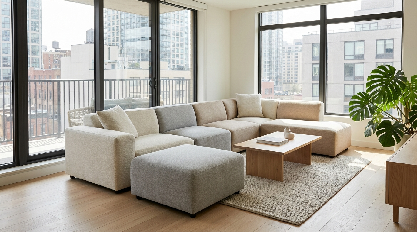 Modular sofa in a bright small apartment living room