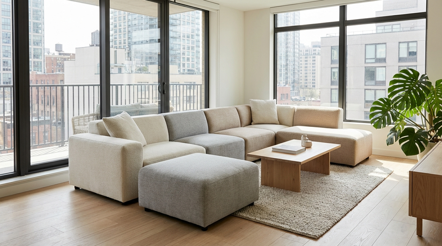 Modular sofa in a bright small apartment living room