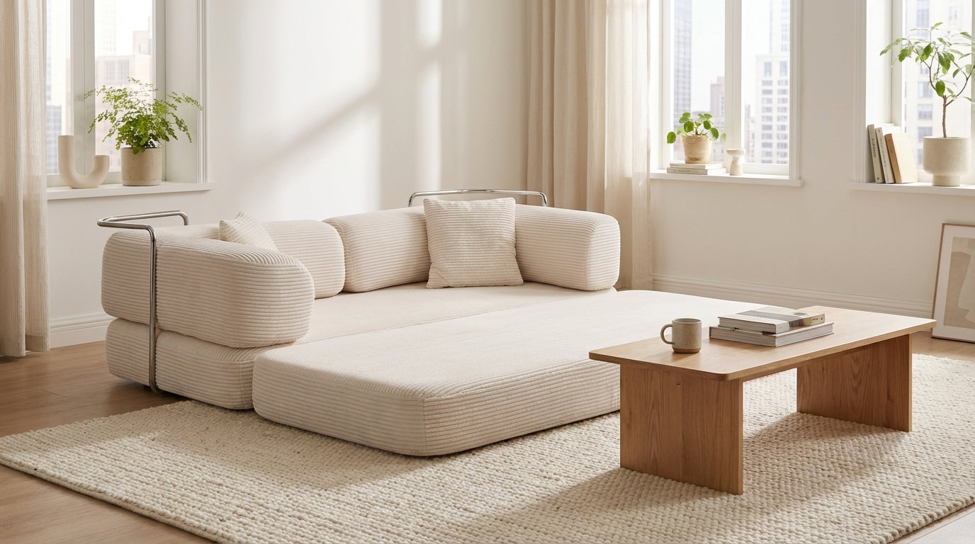 Small apartment sofa buying guide cover featuring a low-profile modular floor sofa in a bright apartment living room