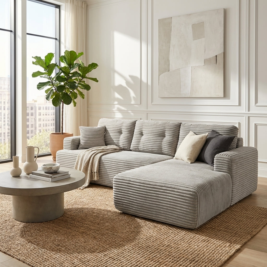107-inch corduroy modular sectional sleeper sofa with right chaise in light gray hero scene