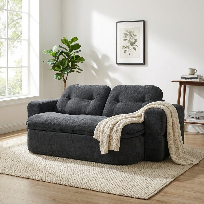 78-inch convertible floor sofa bed with integrated quilt in grey hero scene