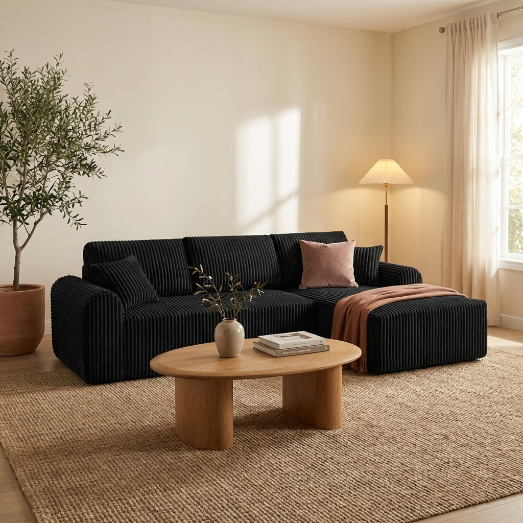 109-inch cloud modular sectional sofa with right-facing chaise in black — lifestyle scene