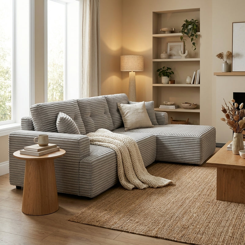 107-inch corduroy modular sectional sleeper sofa with right chaise in light gray lifestyle scene