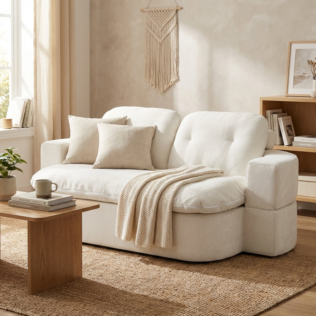 78-inch convertible floor sofa bed with integrated quilt in white lifestyle scene