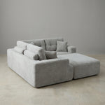 107-inch corduroy modular sectional sleeper sofa with right chaise in light gray form and chaise layout view