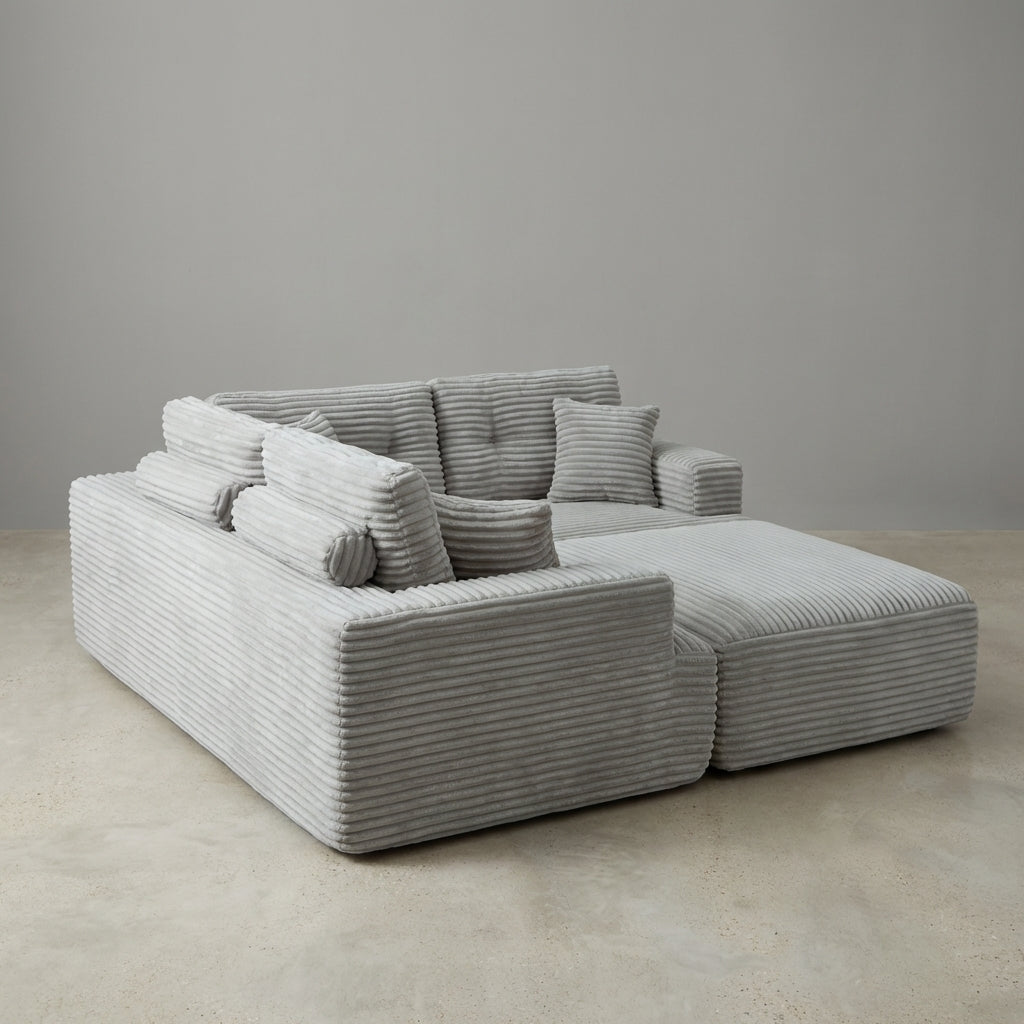 107-inch corduroy modular sectional sleeper sofa with right chaise in light gray form and chaise layout view