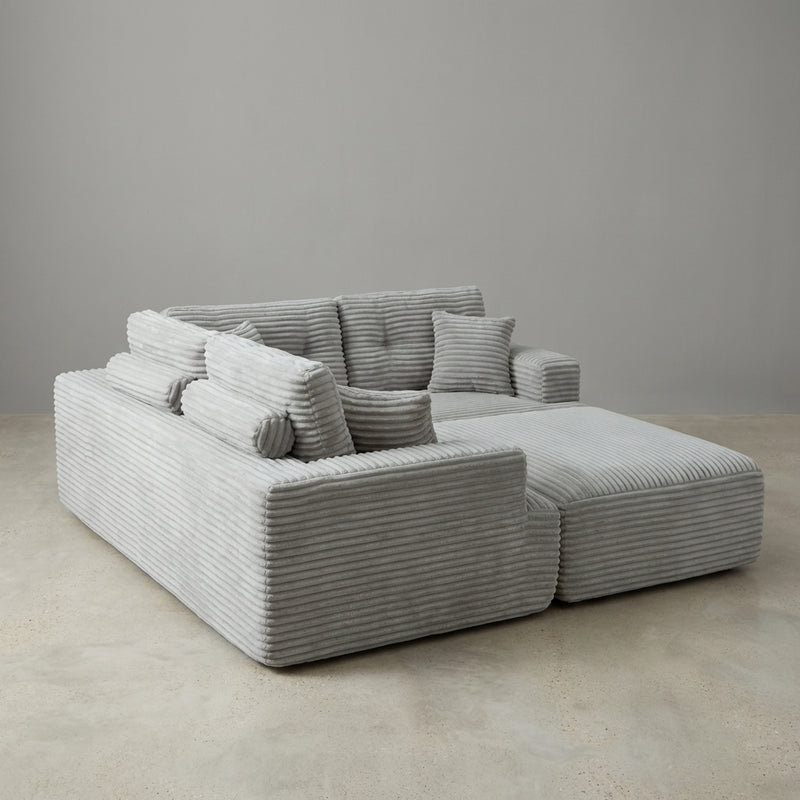 107-inch corduroy modular sectional sleeper sofa with right chaise in light gray form and chaise layout view