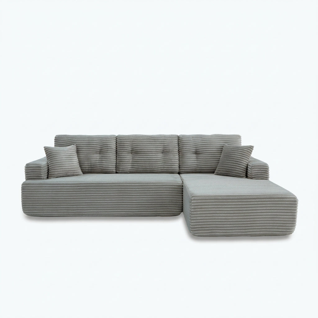 107-inch corduroy modular sectional sleeper sofa with right chaise in light gray white background front view