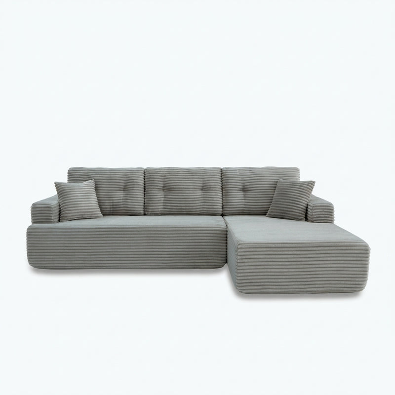 107-inch corduroy modular sectional sleeper sofa with right chaise in light gray white background front view