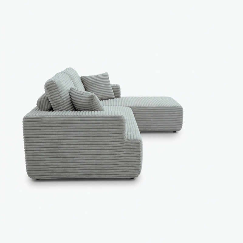 107-inch corduroy modular sectional sleeper sofa with right chaise in light gray white background side view