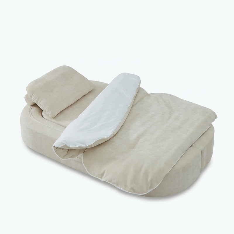 78-inch convertible floor sofa bed with integrated quilt in white open quilt functional view