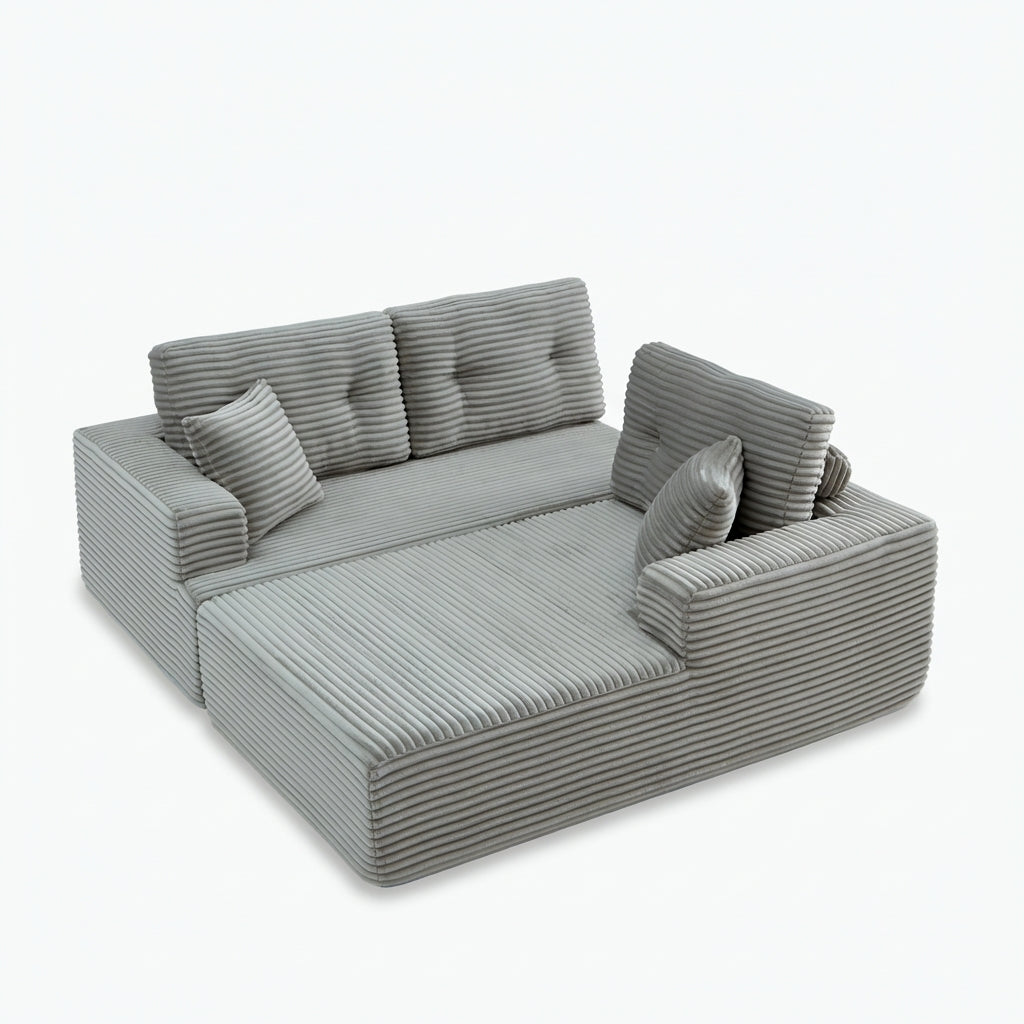 107-inch corduroy modular sectional sleeper sofa with right chaise in light gray white background shape view
