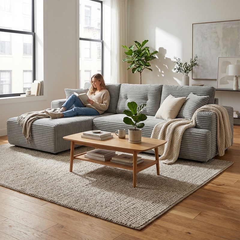 Lifestyle image for 107 inch corduroy modular sectional sleeper sofa with chaise