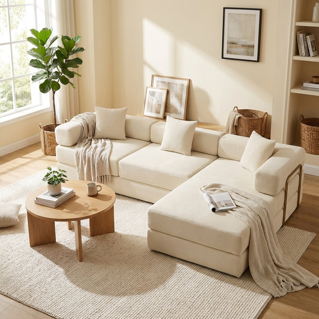 108-inch boneless modular sectional sofa bed with L-shaped chaise in beige - beige lifestyle scene