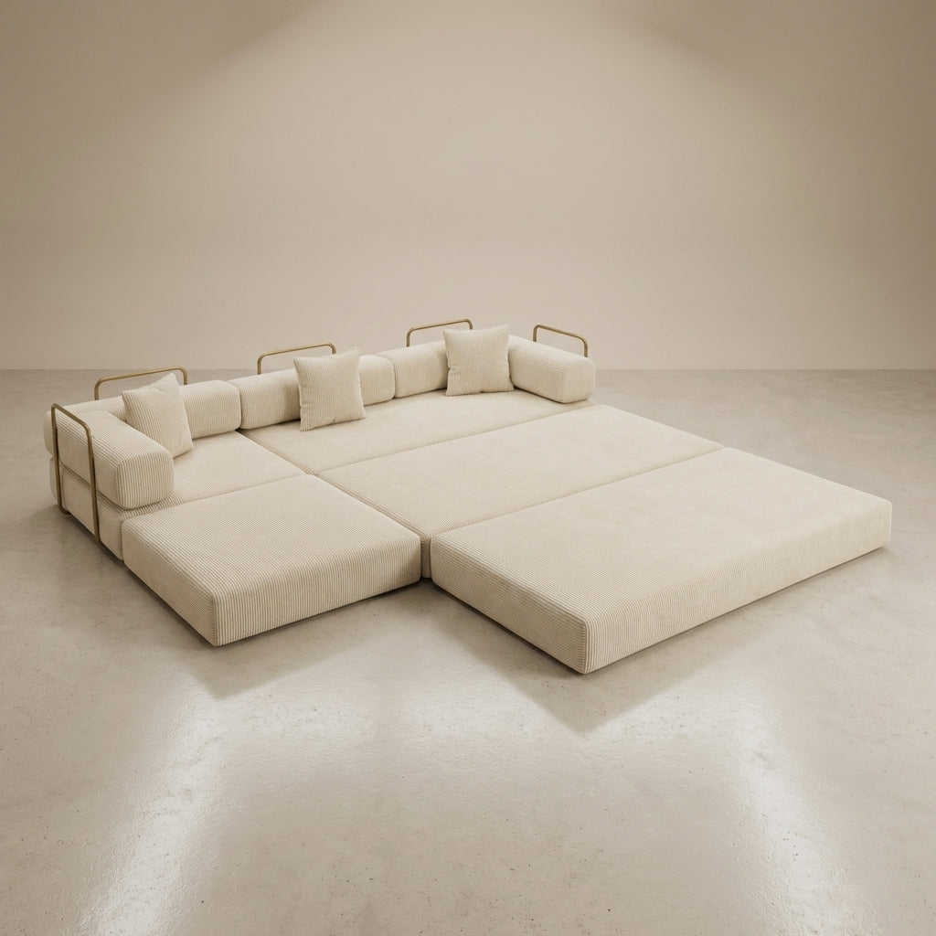 108-inch boneless modular sectional sofa bed with L-shaped chaise in beige - beige form / function scene