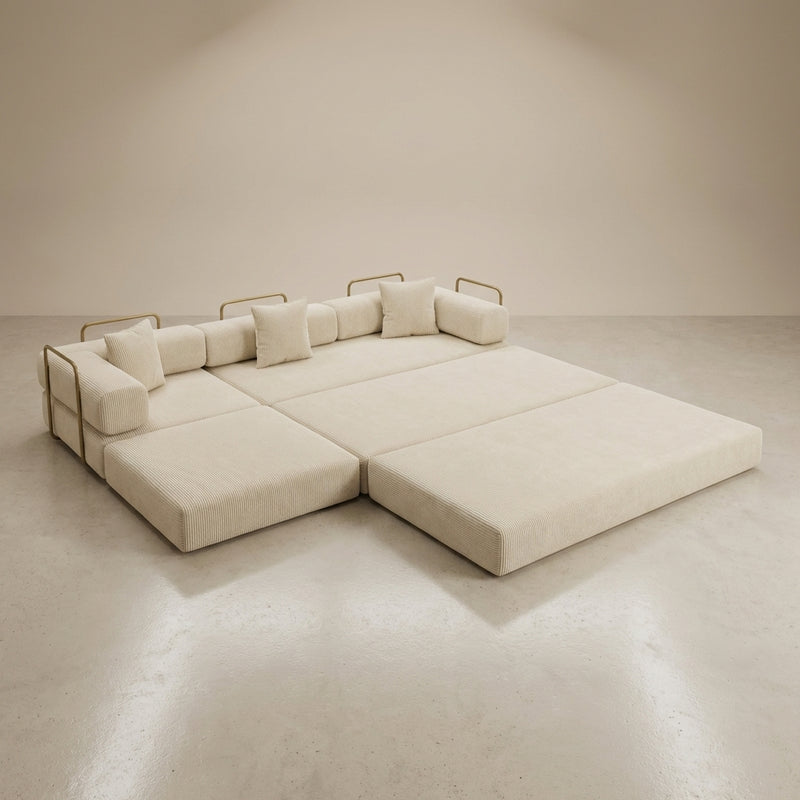 108-inch boneless modular sectional sofa bed with L-shaped chaise in beige - beige form / function scene