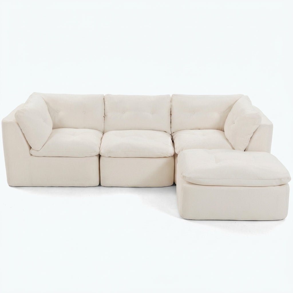 111.8-inch cloud-style modular sectional sofa with ottoman in beige+white - lead front packshot
