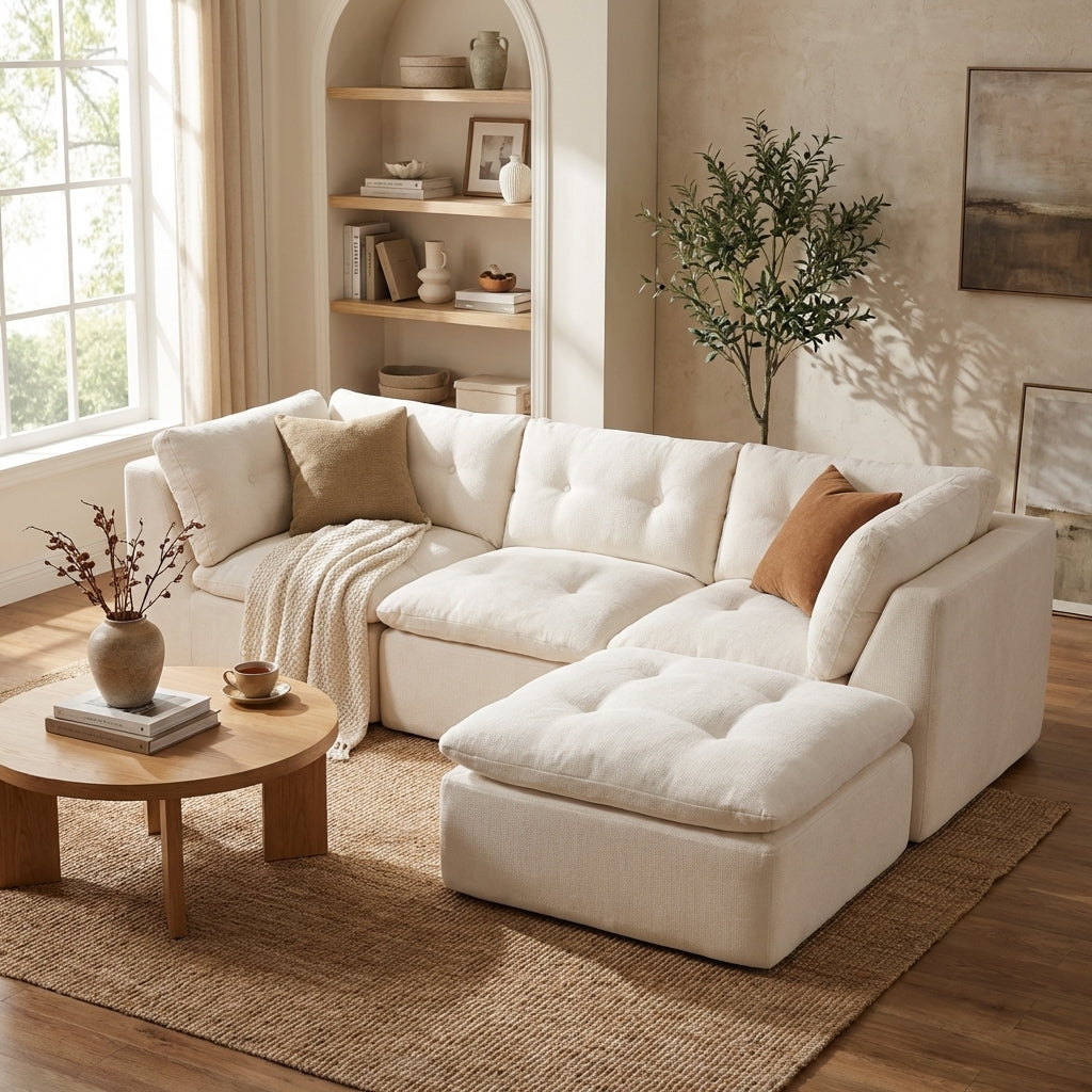 111.8-inch cloud-style modular sectional sofa with ottoman in beige+white - lead lifestyle scene