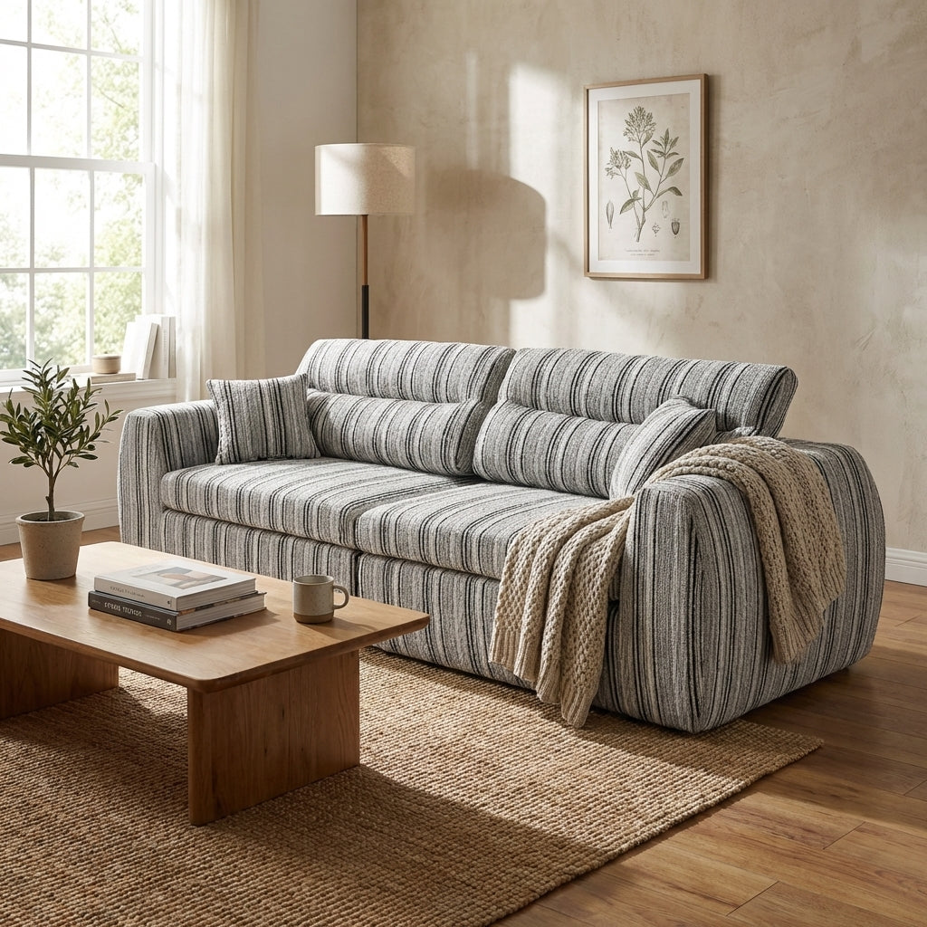 striped bouclé 3-seater sofa in black and white - lead lifestyle scene